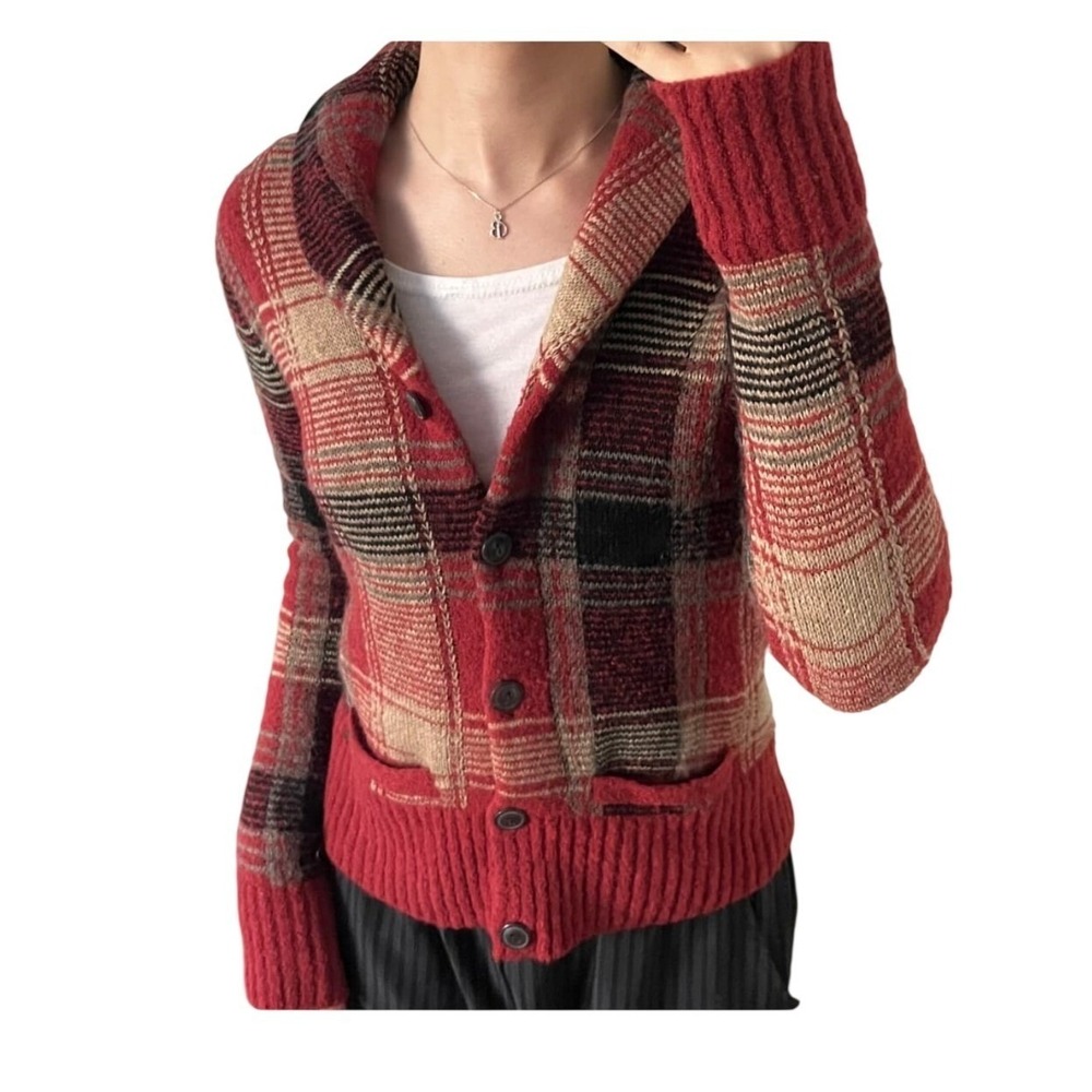 Denim Supply Ralph Lauren NWT Plaid Shawl Collar Cardigan Sweater Red Tan SZ‎ L
